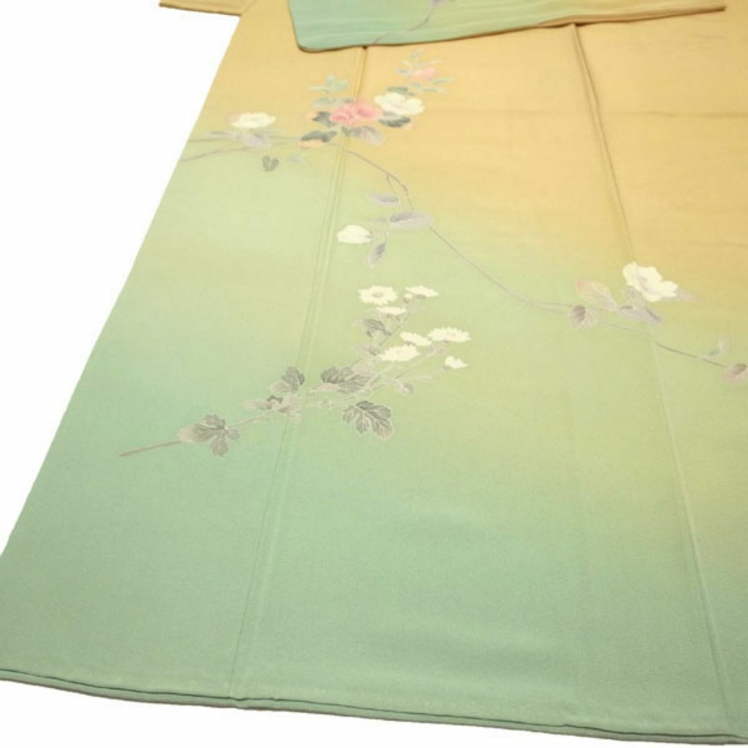 訪問着 着物 袷 手描き友禅 黄ベージュ 薄緑 裄63.5 M sn109 訪問着 着物 袷 手描き友禅 黄ベージュ 薄緑 裄63.5 M sn109