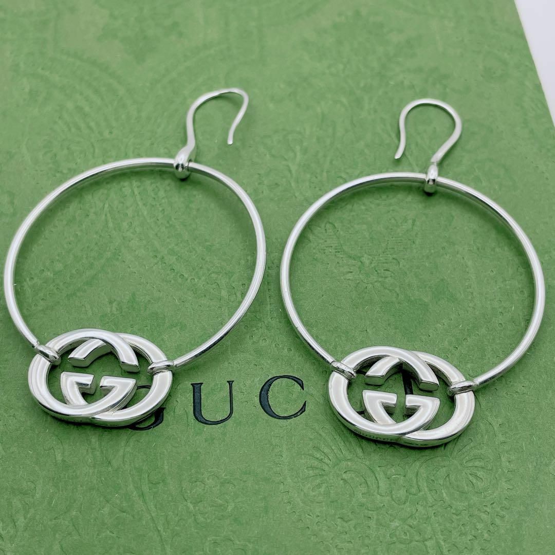 GUCCI 希少 インターロッキング フープ ピアス フック シルバー925 GUCCI 希少 インターロッキング フープ ピアス フック シルバー925