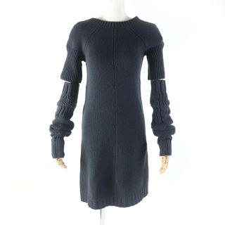 エルメス(HERMES)の極美品★HERMES エルメス カシミヤ100% アームウォーマー付 Vネック ニット ワンピース ネイビー 34 イタリア製 レディース(ひざ丈ワンピース)