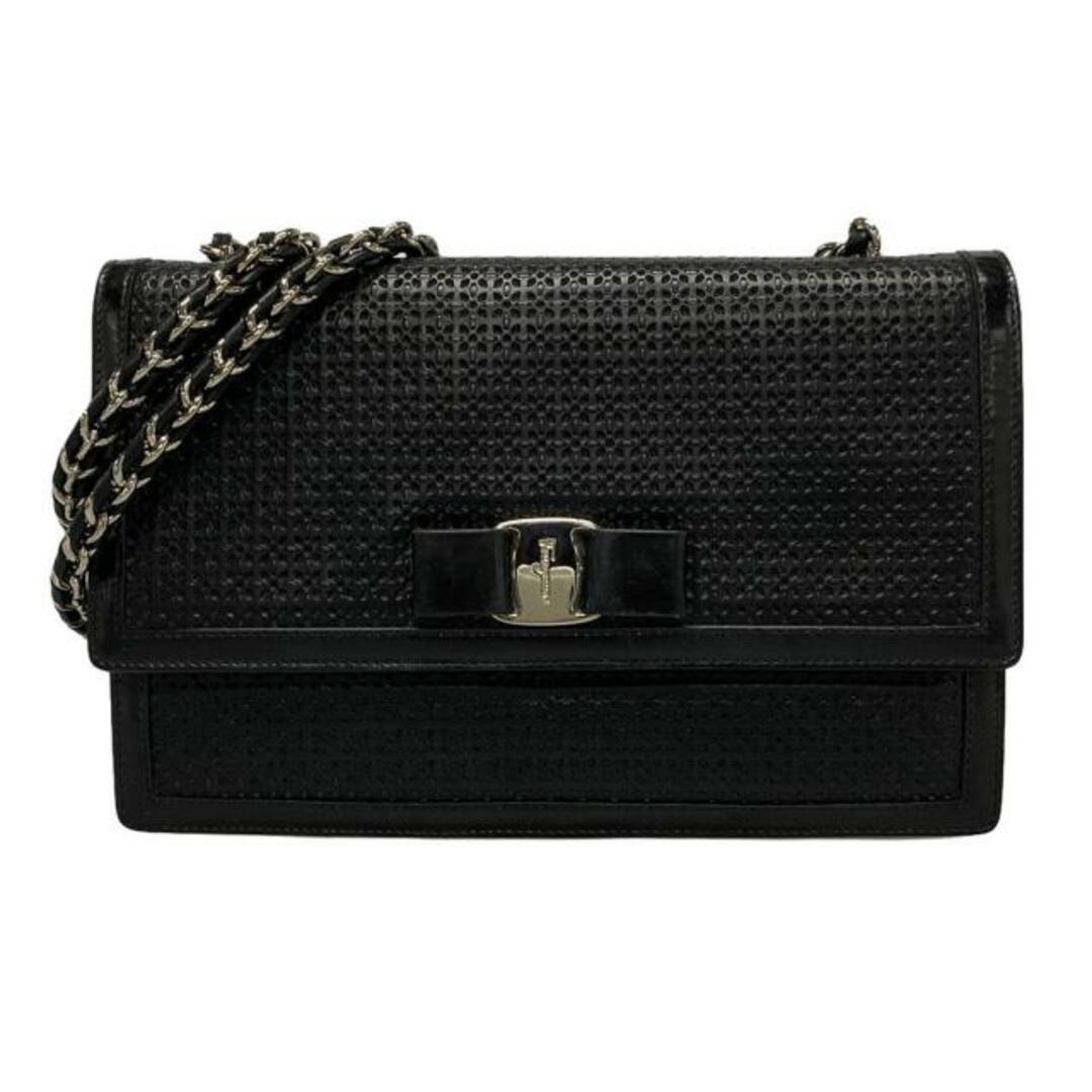 Salvatore Ferragamo - SalvatoreFerragamo(サルバトーレフェラガモ) ショルダーバッグ ヴァラ 黒×シルバー パンチング/チェーンショルダー レザー