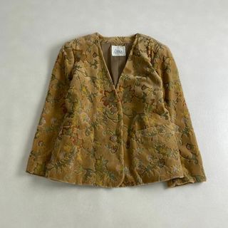 ヴィンテージ　ノーカラージャケット　ベルベット　総刺繍　花柄　13号 XL(ノーカラージャケット)