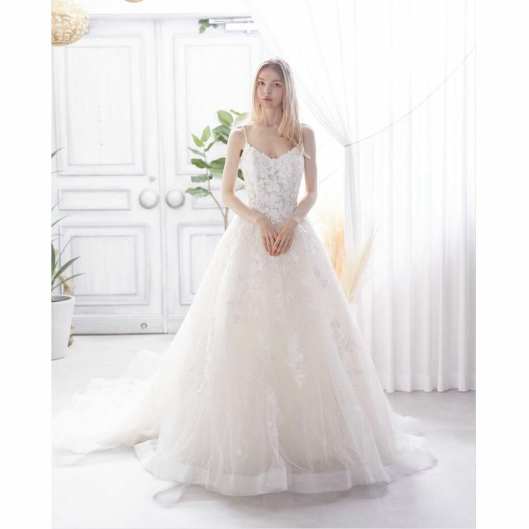 キャミソール ウエディングドレス 背中見せ 上品花レース ファスナー 結婚式