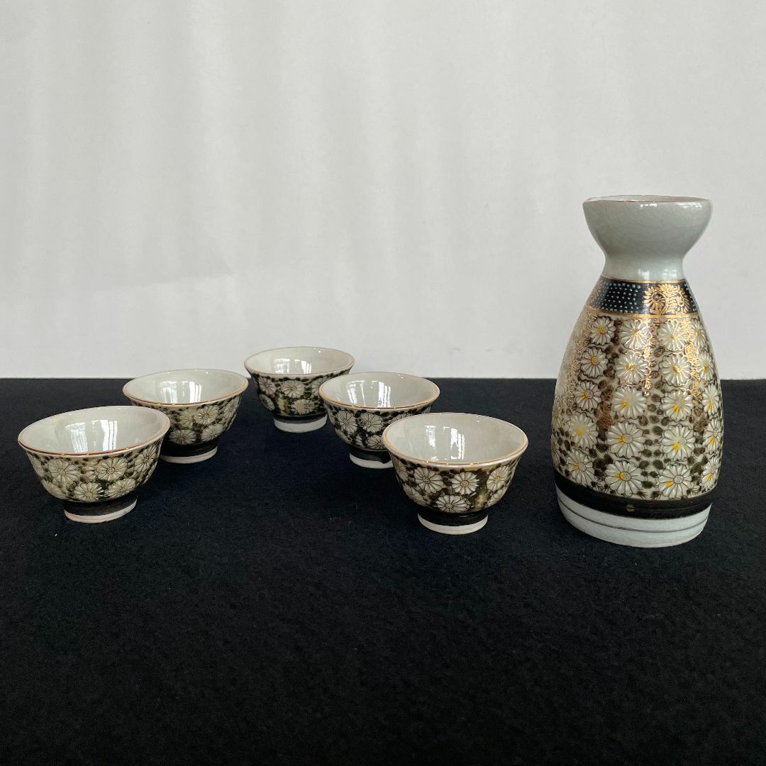 九谷焼 徳利1 猪口5 盃 金彩 菊文 美品 酒器 6点 セット 骨董