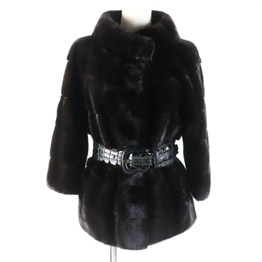 FENDI - 極美品★FENDI フェンディ ミンク MINK  裏地シルク100％ クロコダイルベルト付 ノーカラー ジャケット 本毛皮コート ダークブラウン 40 イタリア製 正規品 レディース