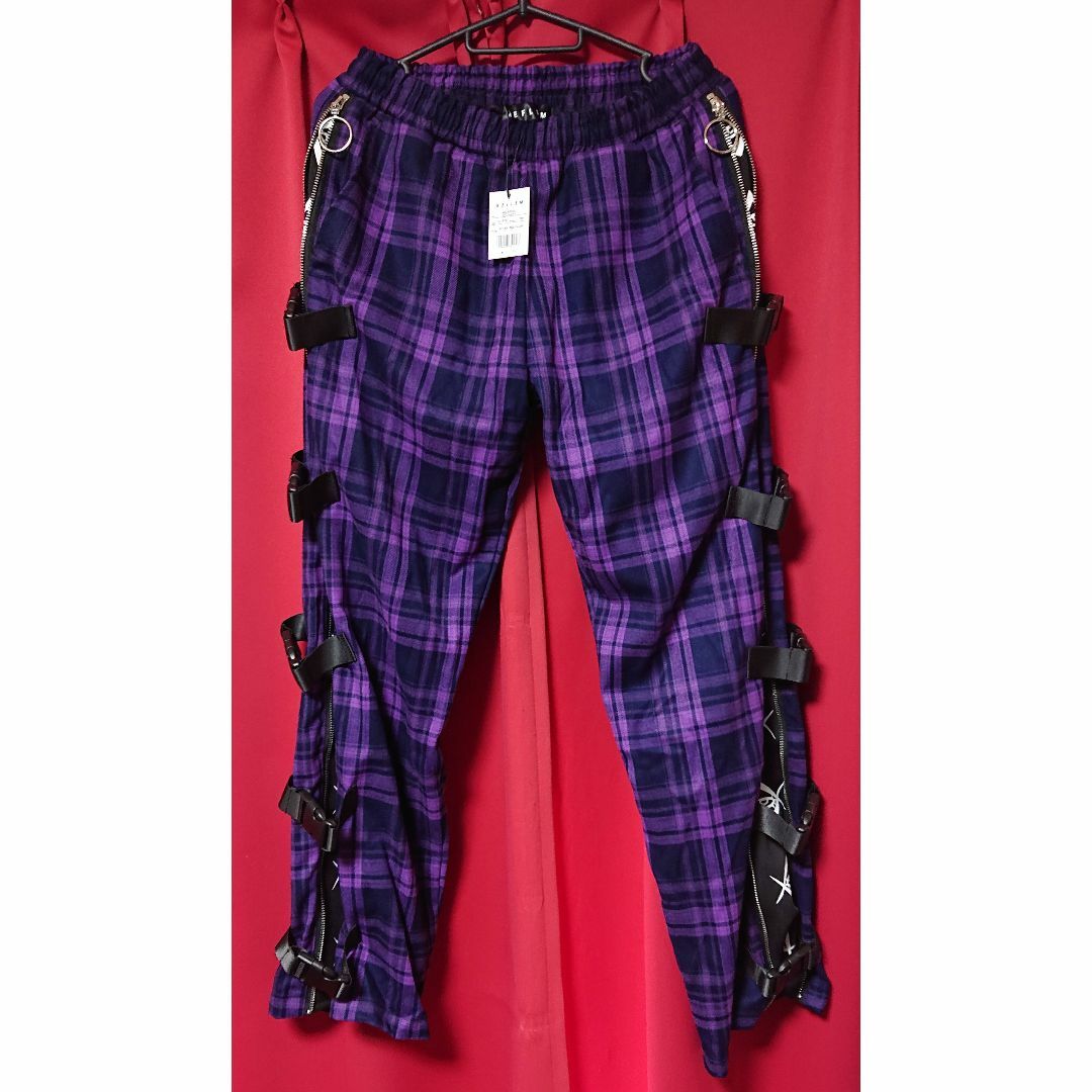 REFLEM】レフレム ベルト付きサイドZIPパンツ パープルチェック REFLEM】レフレム ベルト付きサイドZIPパンツ パープルチェック