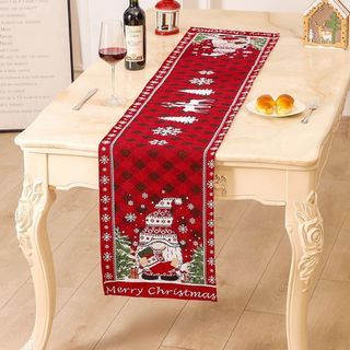 クリスマス 雪の花 刺繍風 食卓飾り ドワーフ人形 サンタテーブルランナー (テーブル用品)
