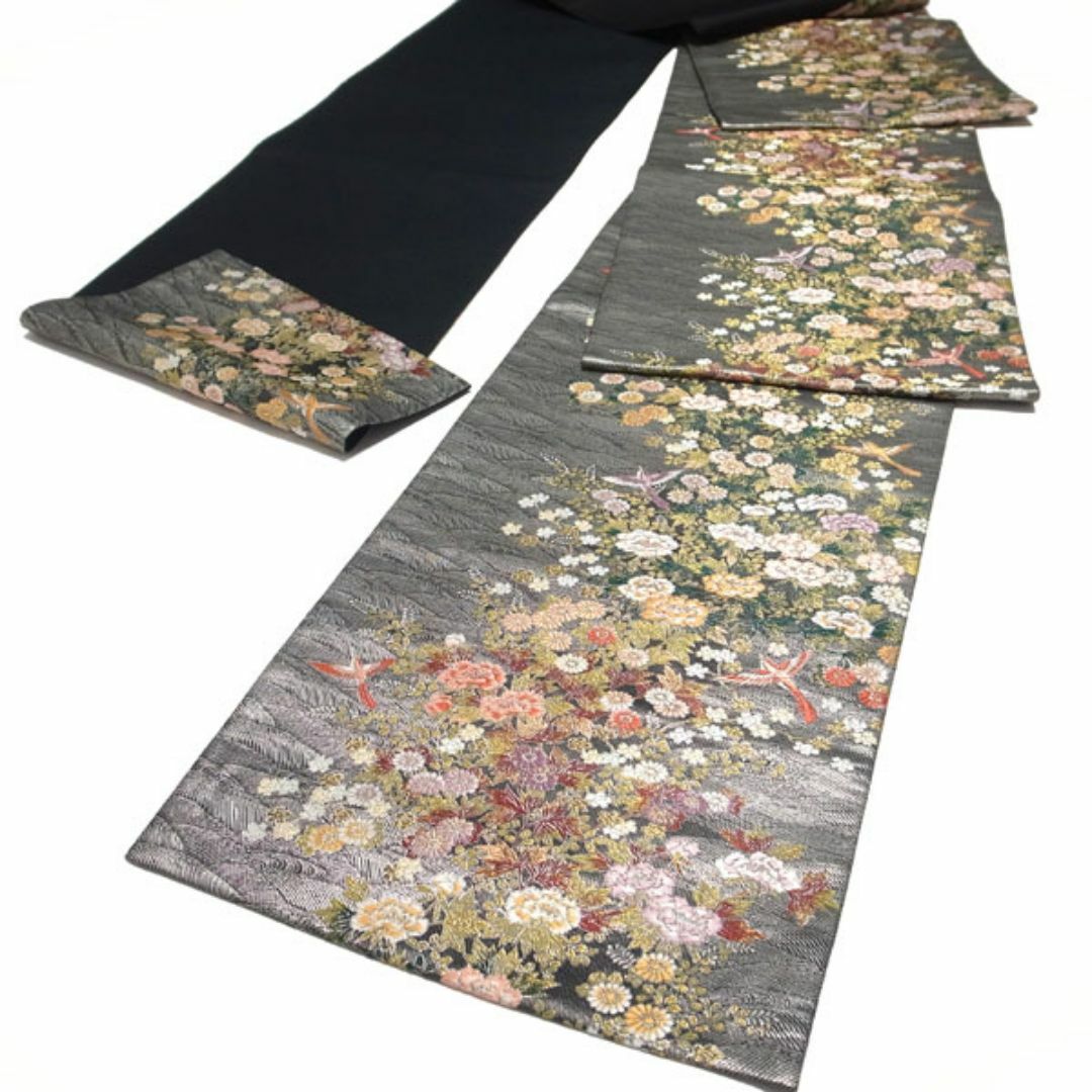 袋帯 京都 西陣 黒銀地 ピンク 鳥 四季の花 フォーマル 新古品 kp222 袋帯 京都 西陣 黒銀地 ピンク 鳥 四季の花 フォーマル 新古品 kp222
