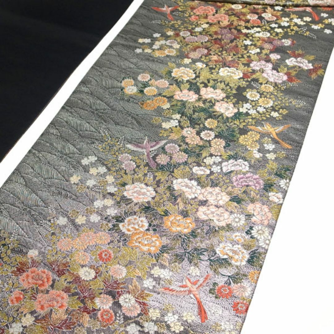袋帯 京都 西陣 黒銀地 ピンク 鳥 四季の花 フォーマル 新古品 kp222 袋帯 京都 西陣 黒銀地 ピンク 鳥 四季の花 フォーマル 新古品 kp222