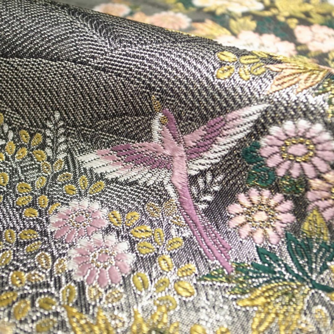 袋帯 京都 西陣 黒銀地 ピンク 鳥 四季の花 フォーマル 新古品 kp222 袋帯 京都 西陣 黒銀地 ピンク 鳥 四季の花 フォーマル 新古品 kp222