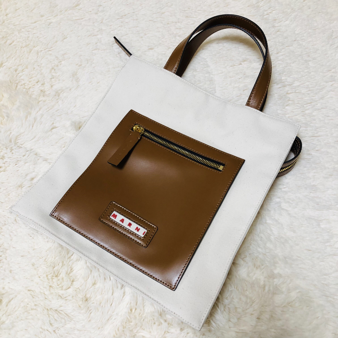 MARNI - MARNI ハンドバッグ ZIPPED TOTE キャンバス レザー MARNI - MARNI ハンドバッグ ZIPPED TOTE キャンバス レザー
