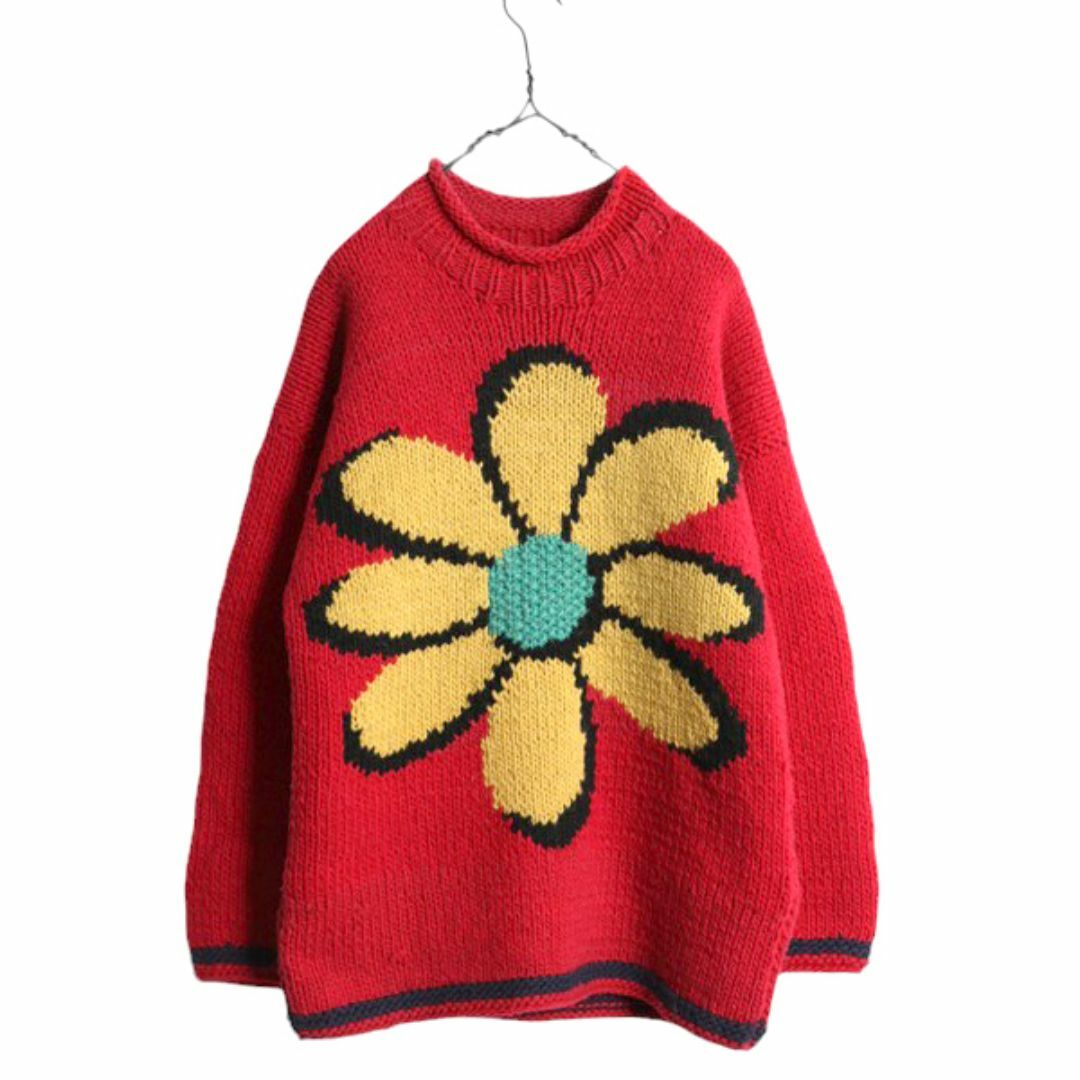 手編み エクアドル製 ☆ ISHKA ロールネック 両面 花 ウール 手編み エクアドル製 ☆ ISHKA ロールネック 両面 花 ウール