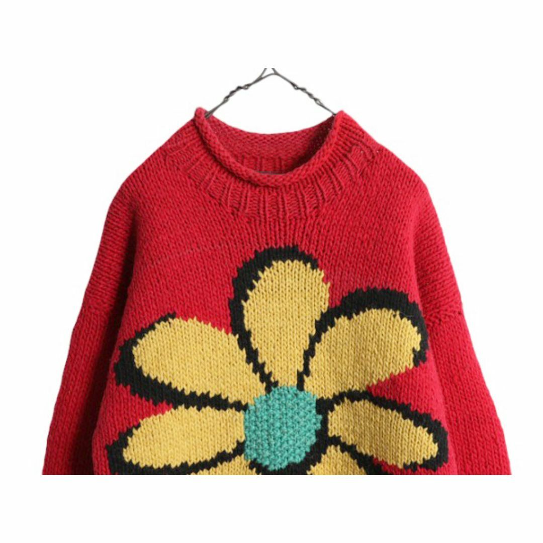 手編み エクアドル製 ☆ ISHKA ロールネック 両面 花 ウール 手編み エクアドル製 ☆ ISHKA ロールネック 両面 花 ウール