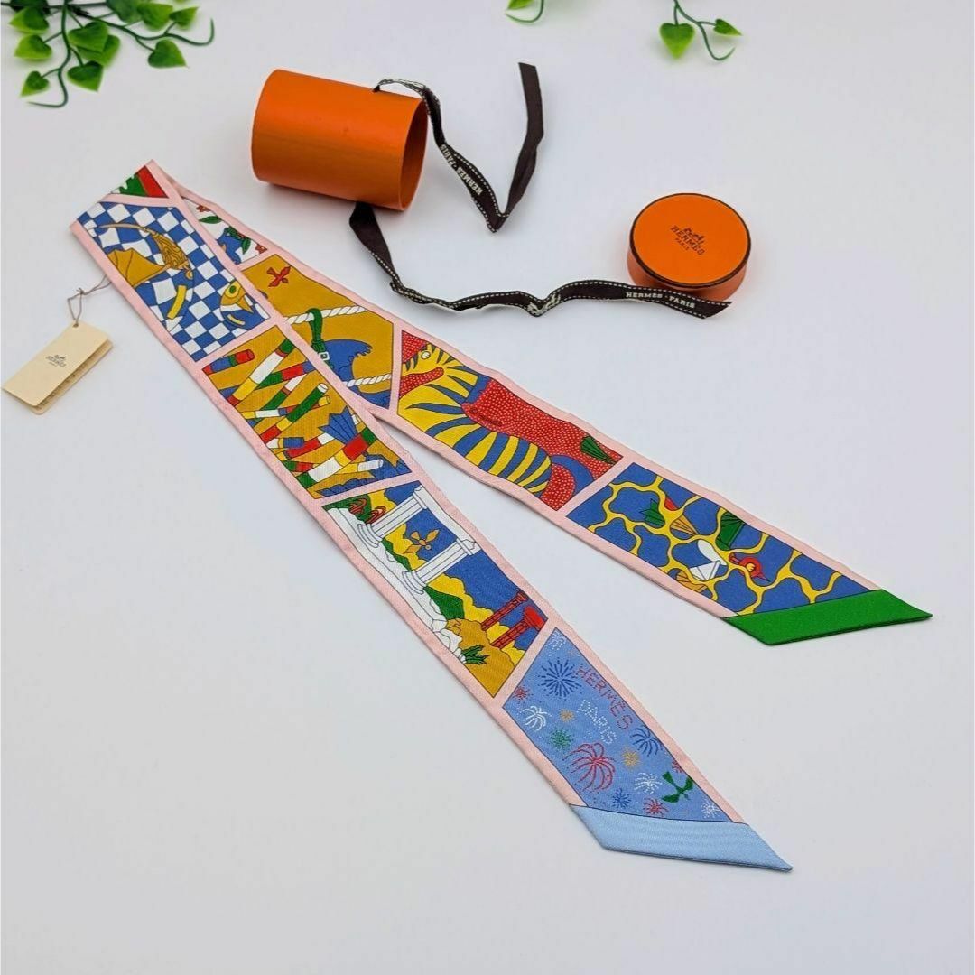 美品☆HERMES【エルメス】ツイリー☆ピンク×オレンジ×グリーン系 美品☆HERMES【エルメス】ツイリー☆ピンク×オレンジ×グリーン系