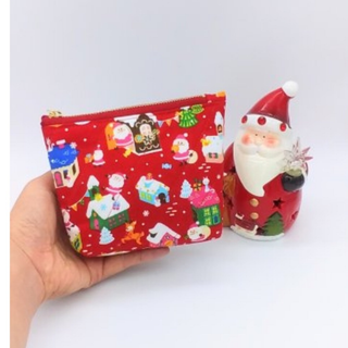 クリスマス☆ミニポーチ☆ピンクのサンタクロース&小花（赤）(ポーチ)