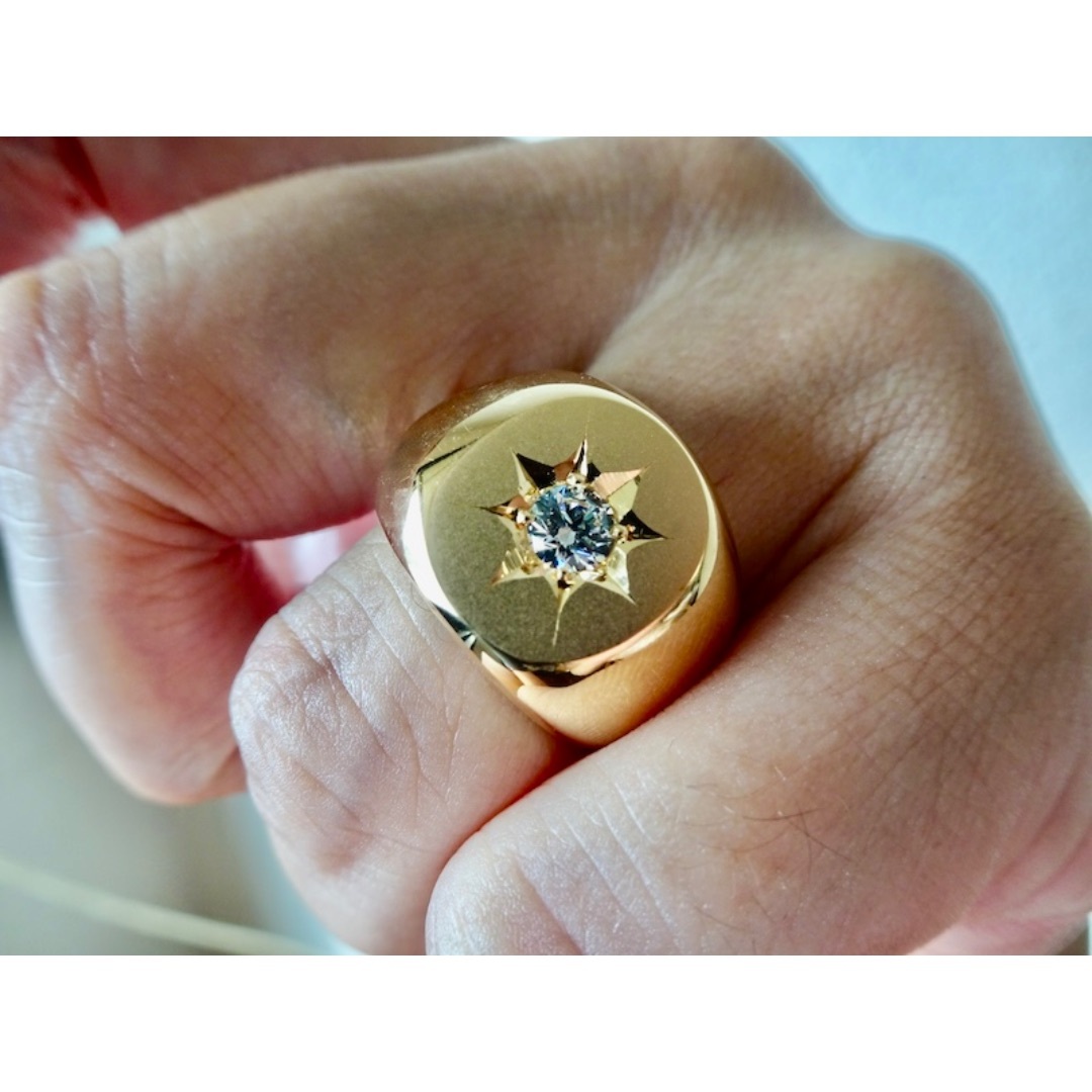 仁尾彫金『一つ星ジルコニア、k18、楕円の印台リング2』ハンドメイド343b