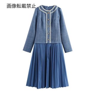 🎻10月新作🎷15692◆ツイード  切り替え プリーツ ワンピース(ひざ丈ワンピース)