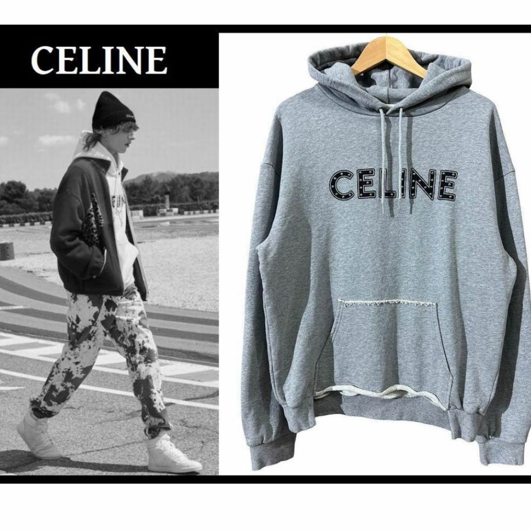 美品 セリーヌ 21ss 裾カットオフ スタッズ ロゴ パーカー 希少 美品 セリーヌ 21ss 裾カットオフ スタッズ ロゴ パーカー 希少