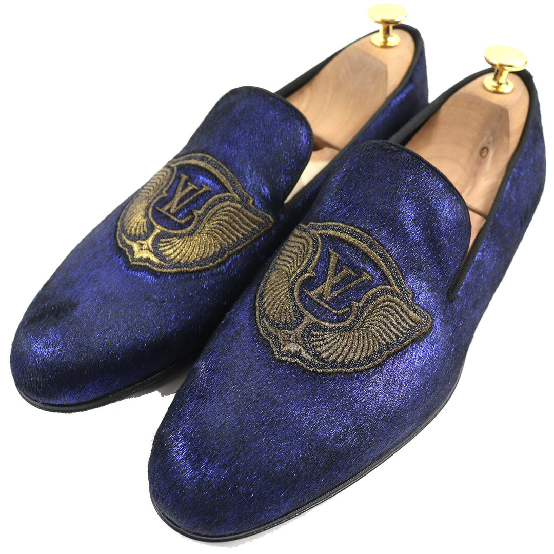 LOUIS VUITTON - 【ドンドン見直し】美品△LOUIS VUITTON ルイヴィトン オートゥイユライン LVエンブレム刺繍 ハラコ デッキシューズ オペラシューズ ローファー ネイビー 6 イタリア製 メンズ