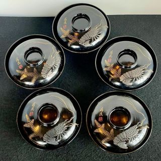 清流椀 吸物 雑煮 5客 黒 漆 海老 金彩 本金 磨き 蒔絵 骨董美品(漆芸)