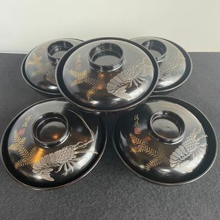 清流椀 吸物 雑煮 5客 黒 漆 海老 金彩 本金 磨き 蒔絵 骨董美品 ¥(漆芸)