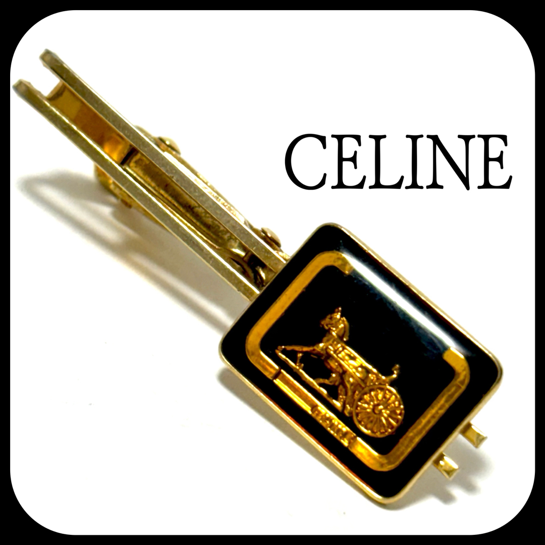 CELINE - セリーヌ ネクタイピン 馬車ロゴ ブラック×ゴールド CELINE - セリーヌ ネクタイピン 馬車ロゴ ブラック×ゴールド
