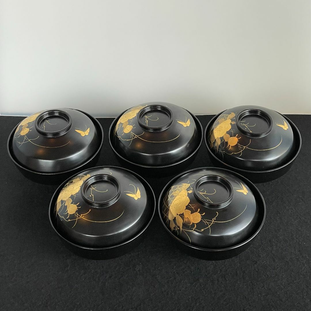 吸物椀 雑煮 5客揃 黒 漆 花籠 蝶 金彩 本金みがき 蒔絵 艶消 骨董 美品