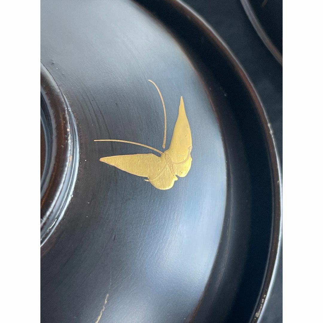 吸物椀 雑煮 5客揃 黒 漆 花籠 蝶 金彩 本金みがき 蒔絵 艶消 吸物椀 雑煮 5客揃 黒 漆 花籠 蝶 金彩 本金みがき 蒔絵 艶消