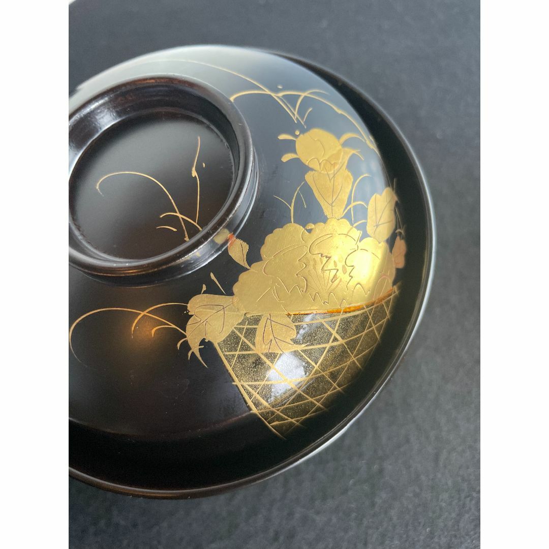 吸物椀 雑煮 5客揃 黒 漆 花籠 蝶 金彩 本金みがき 蒔絵 吸物椀 雑煮 5客揃 黒 漆 花籠 蝶 金彩 本金みがき 蒔絵