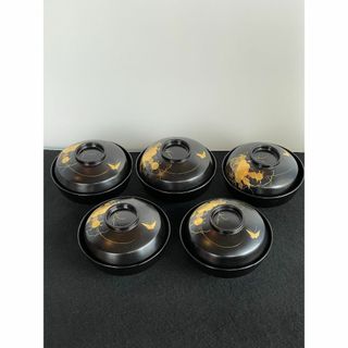 吸物椀 雑煮 5客揃 黒 漆 花籠 蝶 金彩 本金みがき 蒔絵 艶消 骨董 美品(漆芸)