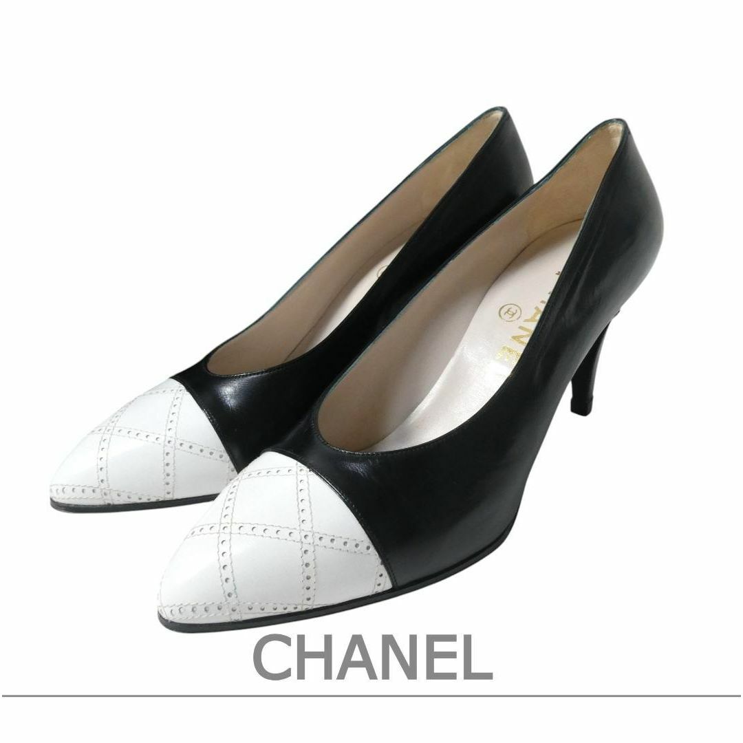 美品 CHANEL レザー バイカラー アーモンドトゥ ハイヒール パンプス 美品 CHANEL レザー バイカラー アーモンドトゥ ハイヒール パンプス