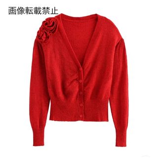 ☕️11月新作🌇15763◆red フラワー 花 Vネック ニットカーディガン(カーディガン)