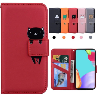 Galaxy A52 5G ケース 手帳型 カバー レッド 猫(Androidケース)
