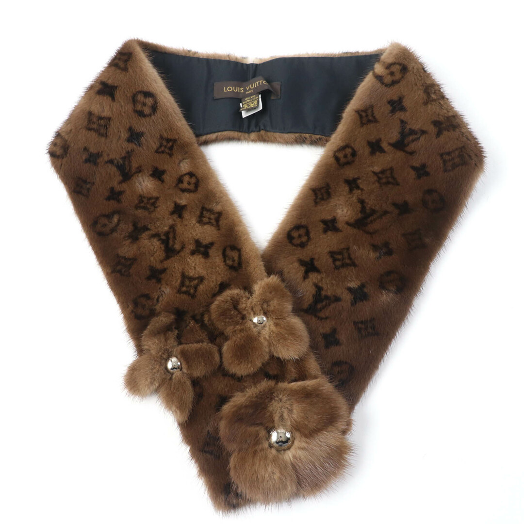 LOUIS VUITTON - 美品☆LOUIS VUITTON ルイヴィトン 412005 ミンク 裏地シルク モノグラム フラワーモチーフ ショール ブラウン 保存袋付き フランス製 正規品 レディース