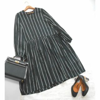 ルスーク(Le souk)の美品 送料込み！ ルスーク 黒 ストライプ柄 ウエストギャザー ワンピース(ひざ丈ワンピース)