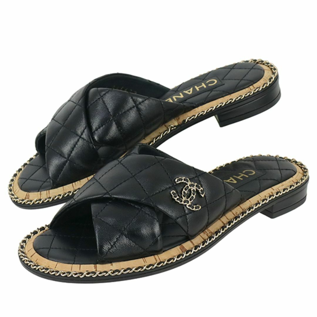 CHANEL - シャネル ココマーク サンダル マトラッセ ラムスキン ブラック ゴールド レディース 新品 2757