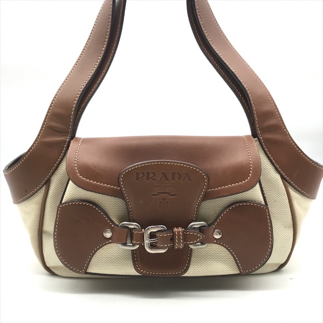 PRADA - 良品 PRADA プラダ ロゴ型押し シルバー金具 キャンバス PRADA - 良品 PRADA プラダ ロゴ型押し シルバー金具 キャンバス