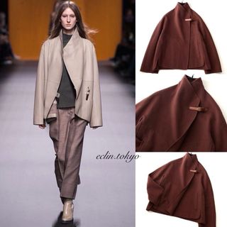 エルメス(HERMES)のHERMES《カシミヤ100%》美しいドレープコート レザーベルト E4417(その他)