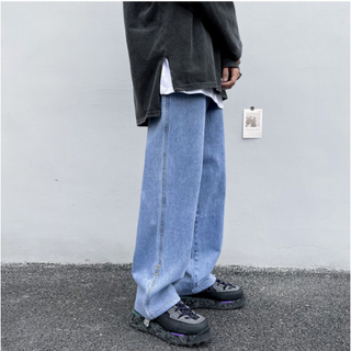 ❤再入荷 ストリート ワイド デニム パンツ ジーンズ ロールアップ ブルー(デニム/ジーンズ)