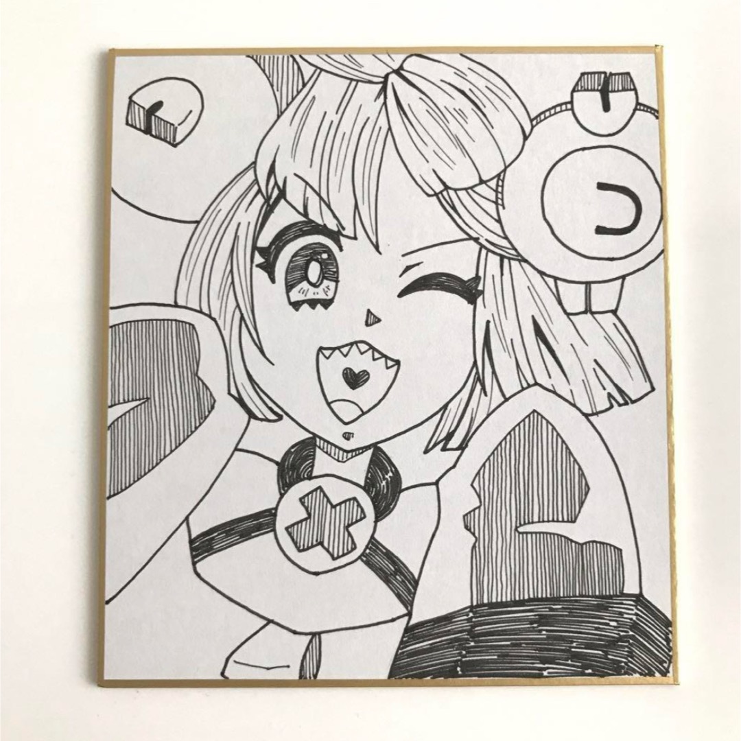 ナンジャモ ファンアート モノクロ ペン画 イラスト ミニ色紙サイズ ハンドメイドのインテリア/家具(アート/写真)の商品写真