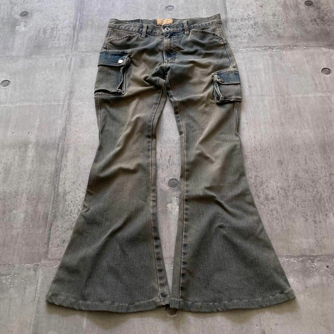 00s フレアデニム カーゴパンツ ベルボトム 汚し加工 y2k 00s フレアデニム カーゴパンツ ベルボトム 汚し加工 y2k