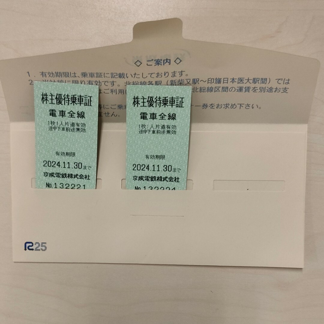 京成電鉄 株主優待乗車証 株主優待乗車券 2枚 2024/11/30まで② チケットの乗車券/交通券(鉄道乗車券)の商品写真