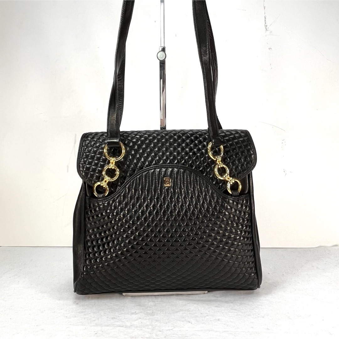 美品】BALLY ラムスキン キルティング トートバッグ 黒 G金具 美品】BALLY ラムスキン キルティング トートバッグ 黒 G金具