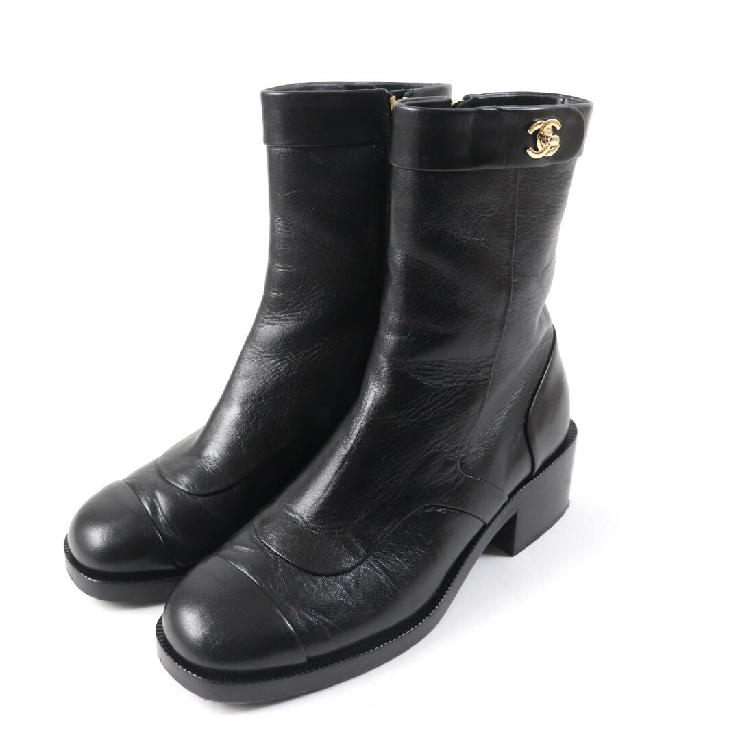 CHANEL - 美品★CHANEL シャネル G39172 ココマーク ターンロック サイドZIP レザー ショートブーツ ブラック 36.5 イタリア製 レディース