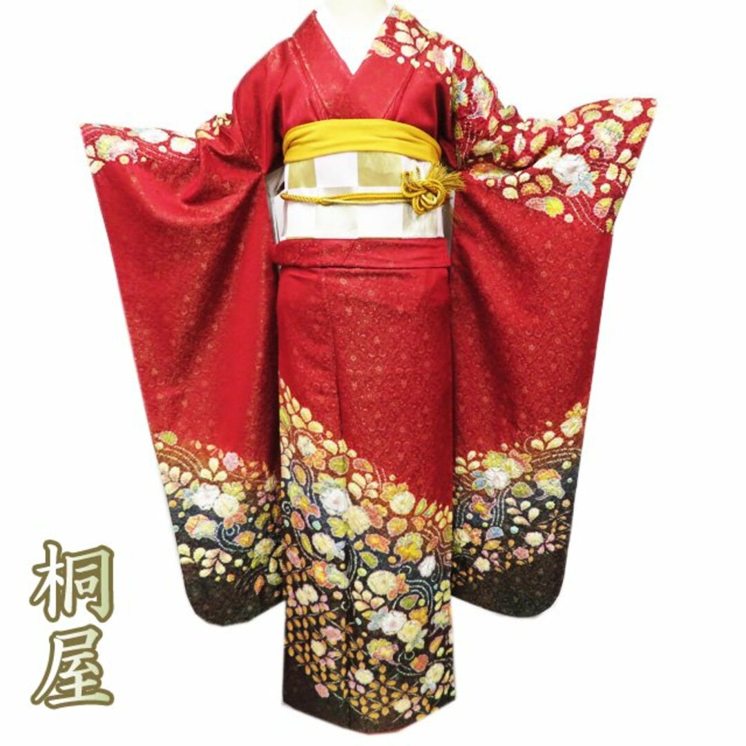 振袖 着物 中古 正絹 桐屋 翠山工房 落款 辻が花 絞り 地模様 金 振袖 着物 中古 正絹 桐屋 翠山工房 落款 辻が花 絞り 地模様 金