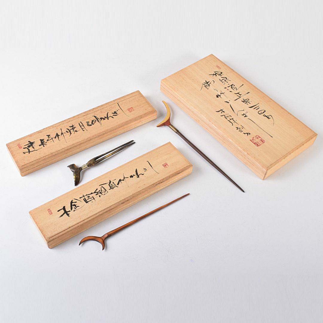 和装小物　独眼流正宗三日月飾り竹かんざしなど　共箱　三点まとめて　M　R8002