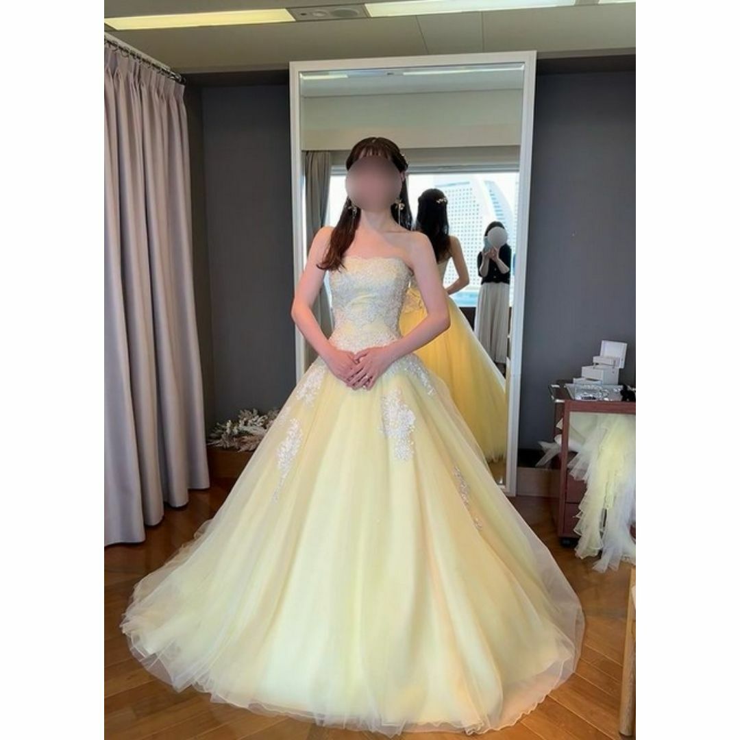 カラードレス イエロー ベアトップ 繊細レース バックリボン 可愛い 花嫁