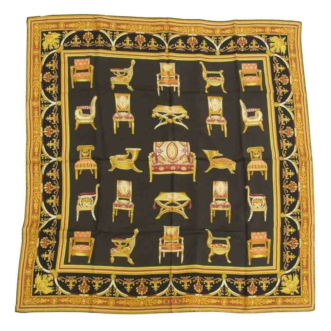 GUCCI グッチ シルク100% 椅子 総柄 スカーフ ブラック ブラック系 GUCCI グッチ シルク100% 椅子 総柄 スカーフ ブラック ブラック系