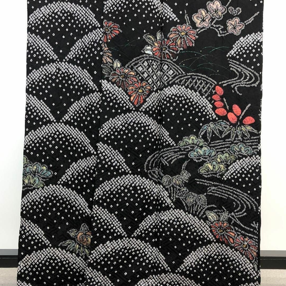 訪問着 総絞り 疋田絞り 波模様 花柄 松 黒色 トールサイズ K-4109 訪問着 総絞り 疋田絞り 波模様 花柄 松 黒色 トールサイズ K-4109