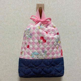 ハンドメイド　シューズケース　上履き袋　ユニコーン柄　ピンク色　さくらんぼ柄(シューズバッグ)
