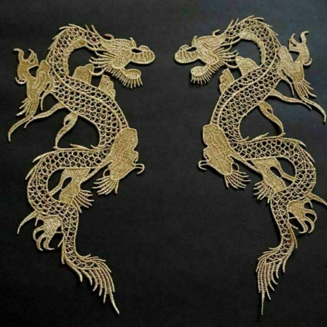 HQ《お買い得 2枚セット》激渋大型☆左右金昇龍◆ゴールデンドラゴン刺繍ワッペン HQ《お買い得 2枚セット》激渋大型☆左右金昇龍◆ゴールデンドラゴン刺繍ワッペン